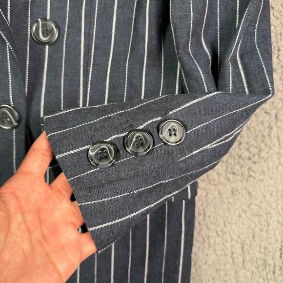 Free People Ashby Blazer Womens S Navy Blue Pinstriped Linen Double Breasted - Picture 4 of 12